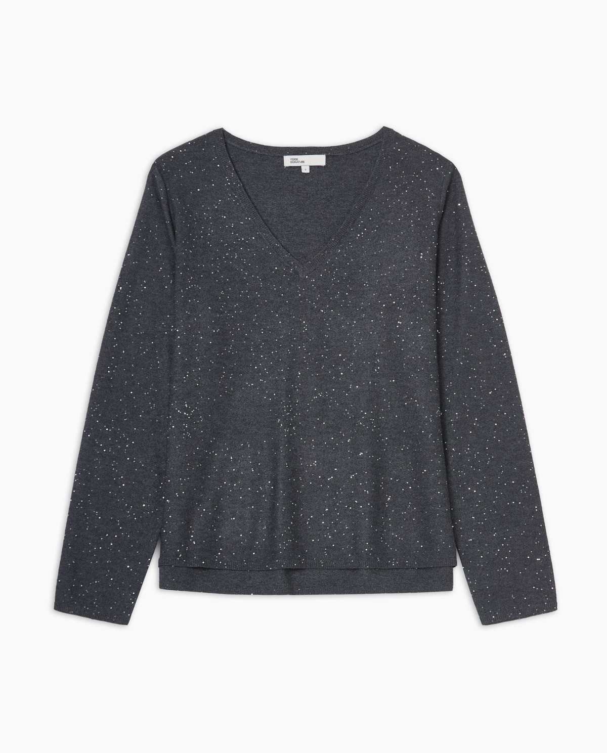 Anthracite V-neck sweater mini sequins woman Yerse - Front view 4