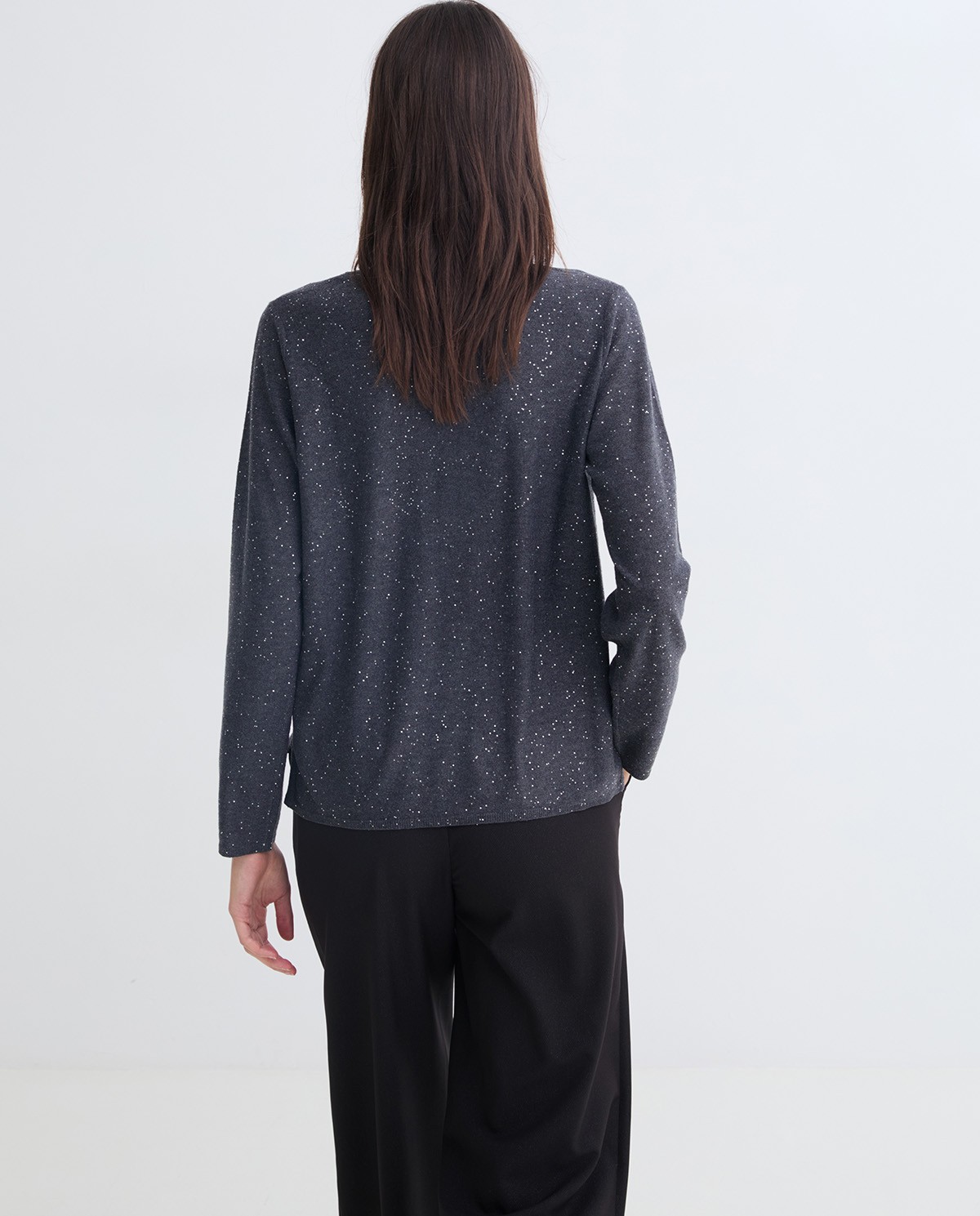Anthracite V-neck sweater mini sequins woman Yerse - Front view 2