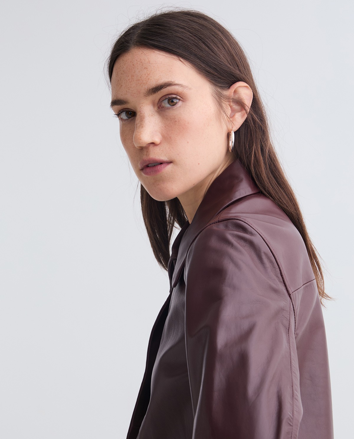 Bugundy 100% leather short jacket woman Yerse - Front view 1