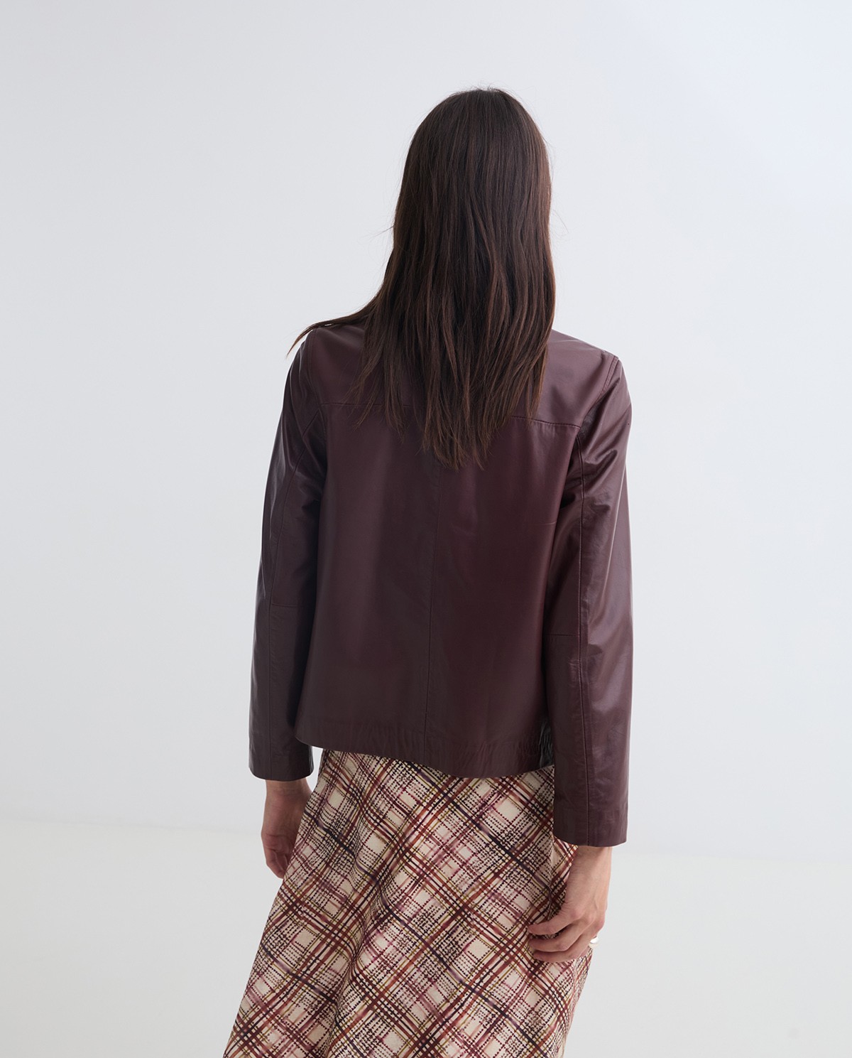 Bugundy 100% leather short jacket woman Yerse - Front view 5