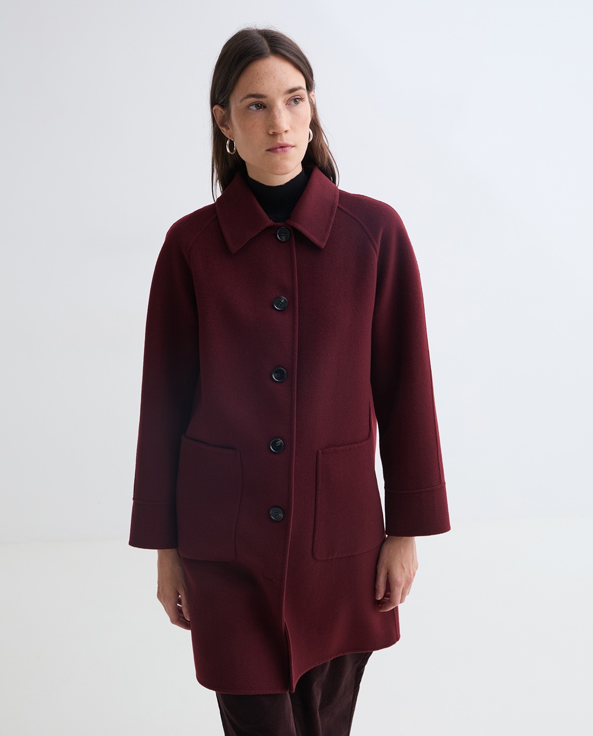 Burgundy handmade wool coat fur collar woman Yerse - Front view 6