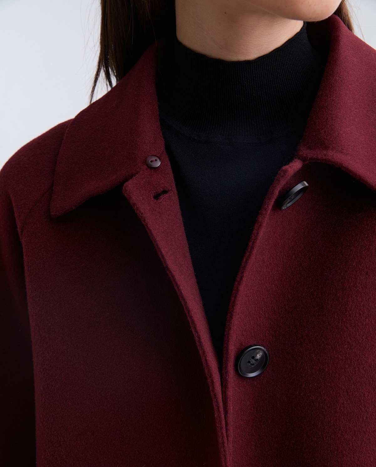 Burgundy handmade wool coat fur collar woman Yerse - Front view 7