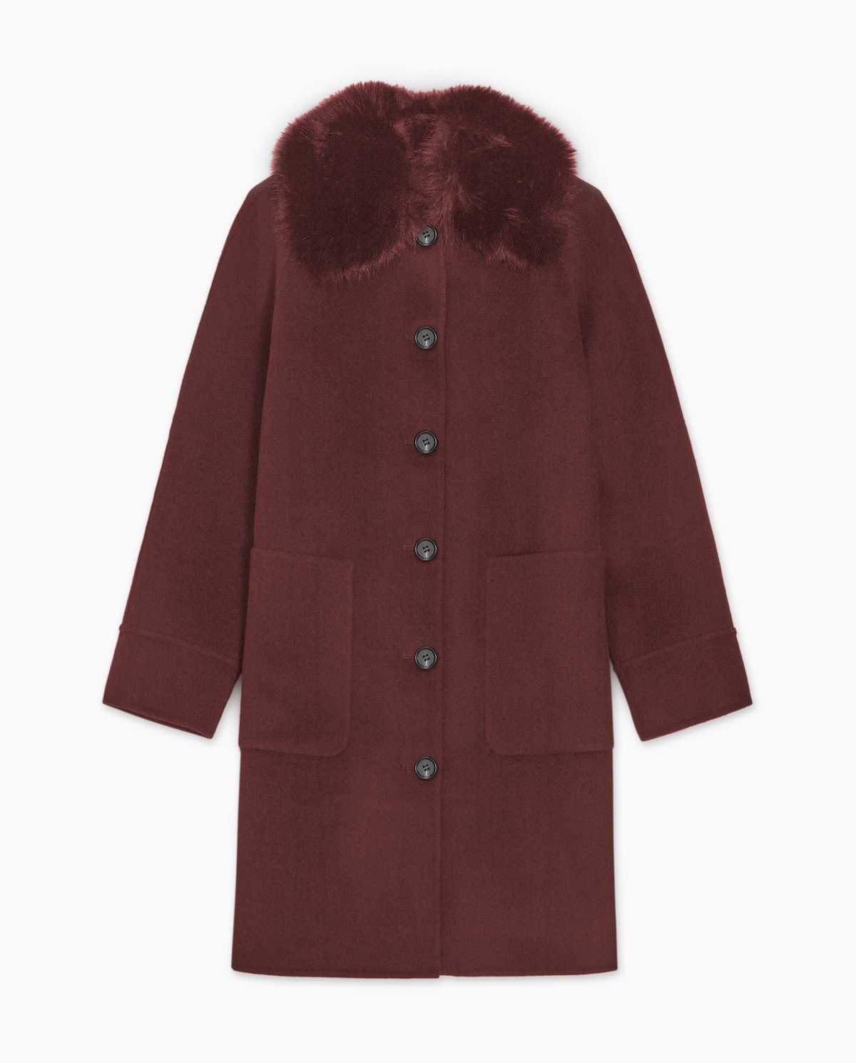Burgundy handmade wool coat fur collar woman Yerse - Front view 10