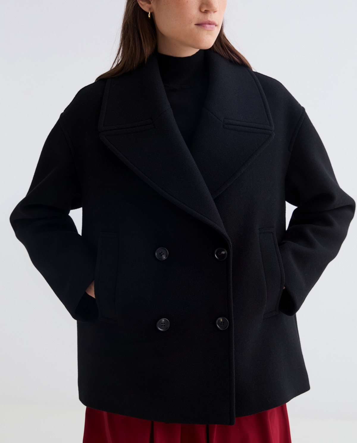 Black handmade short coat with wool, tencel and silk woman Yerse - Front view 4