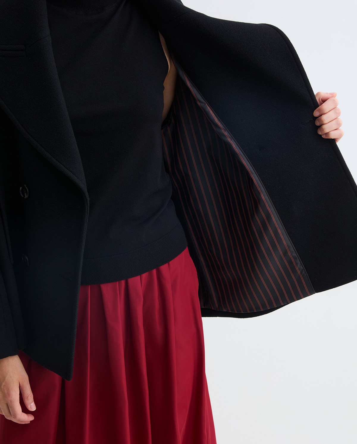 Black handmade short coat with wool, tencel and silk woman Yerse - Front view 8