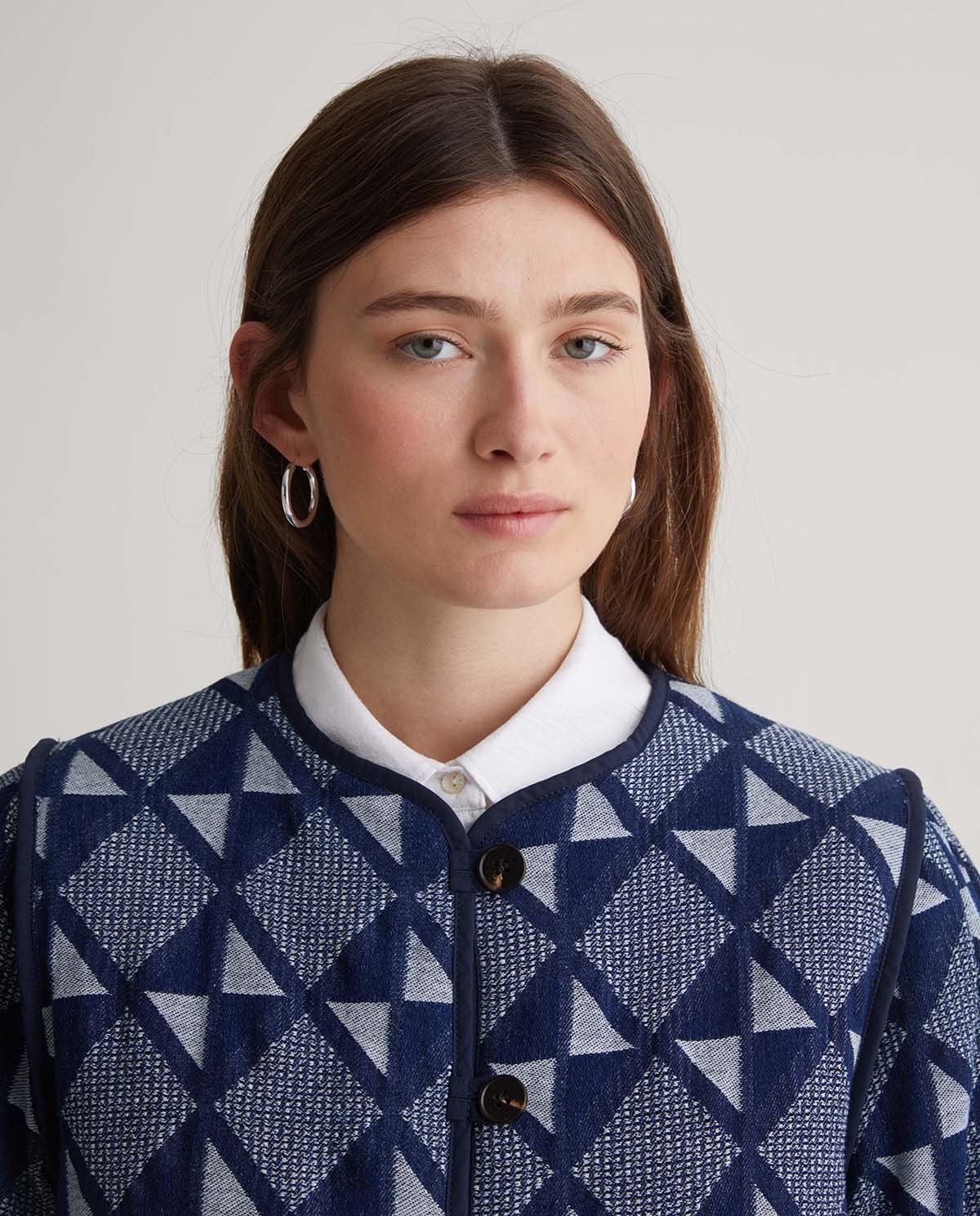 Indigo Blue Jacquard Cotton Short Jacket - Cotton and Viscose Blend Jacket 2
