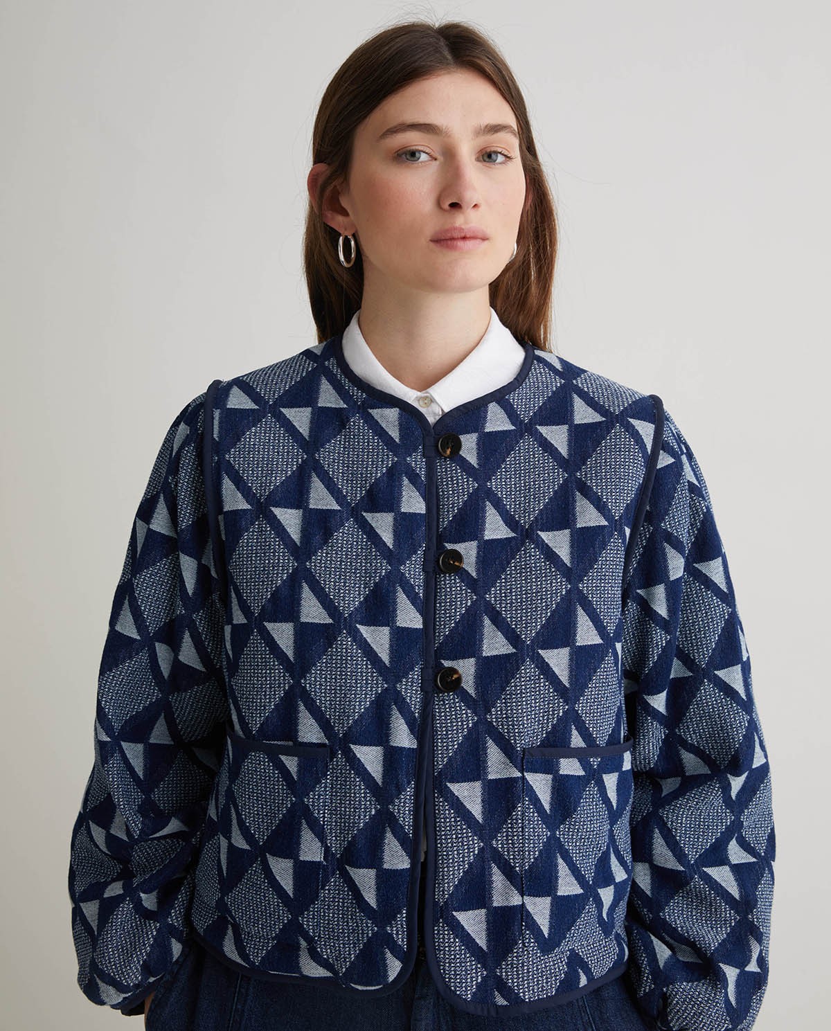 Indigo Blue Jacquard Cotton Short Jacket - Cotton and Viscose Blend Jacket 1