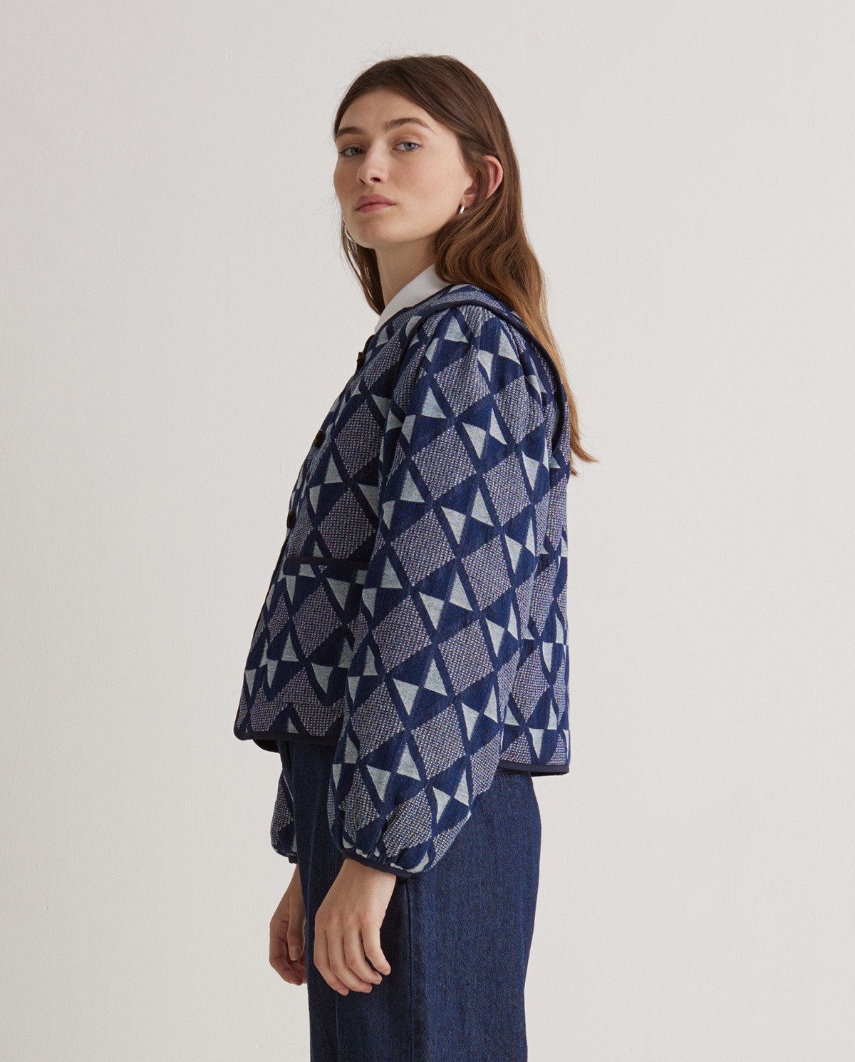 Indigo Blue Jacquard Cotton Short Jacket - Cotton and Viscose Blend Jacket 4