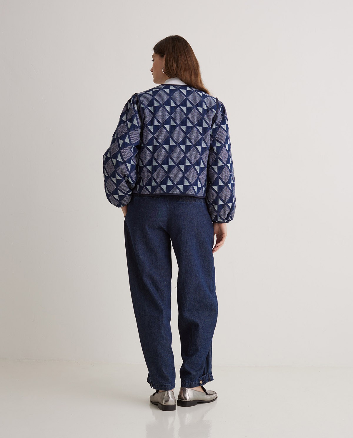 Indigo Blue Jacquard Cotton Short Jacket - Cotton and Viscose Blend Jacket 6