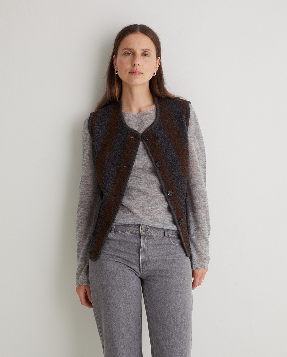 Striped wool blend vest with pockets - Vest made with boiled wool
