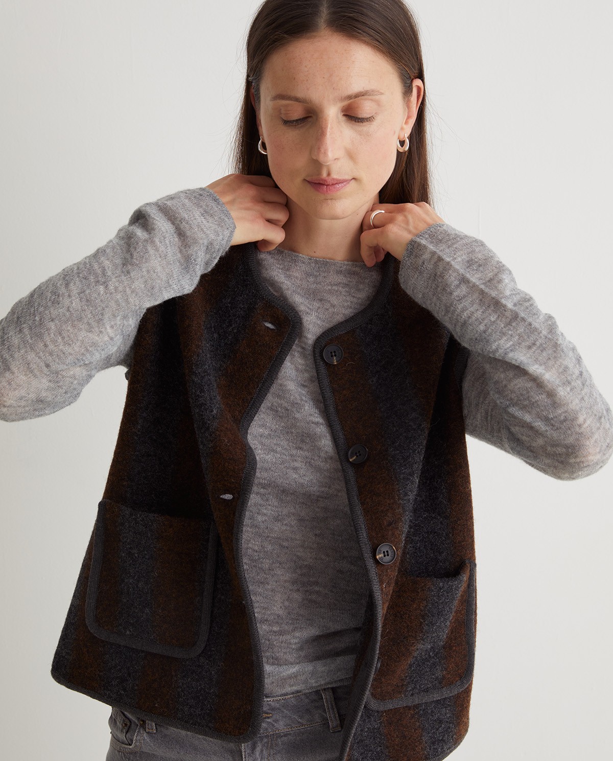 Striped wool blend vest with pockets - Vest made with boiled wool 1