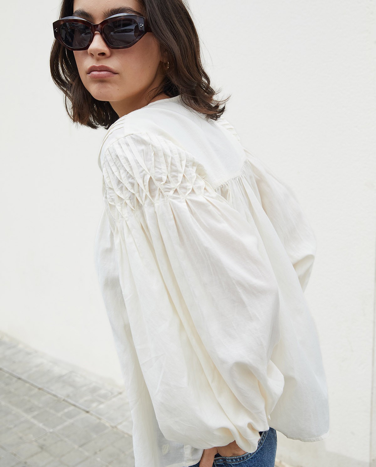 Blusa detalle pliegues algodón crudo - Blusa mezcla de viscosa y algodón