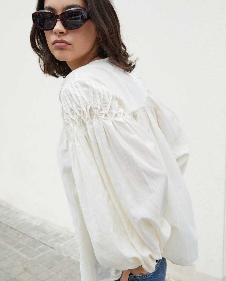 Blusa detalle pliegues algodón crudo - Blusa mezcla de viscosa y algodón