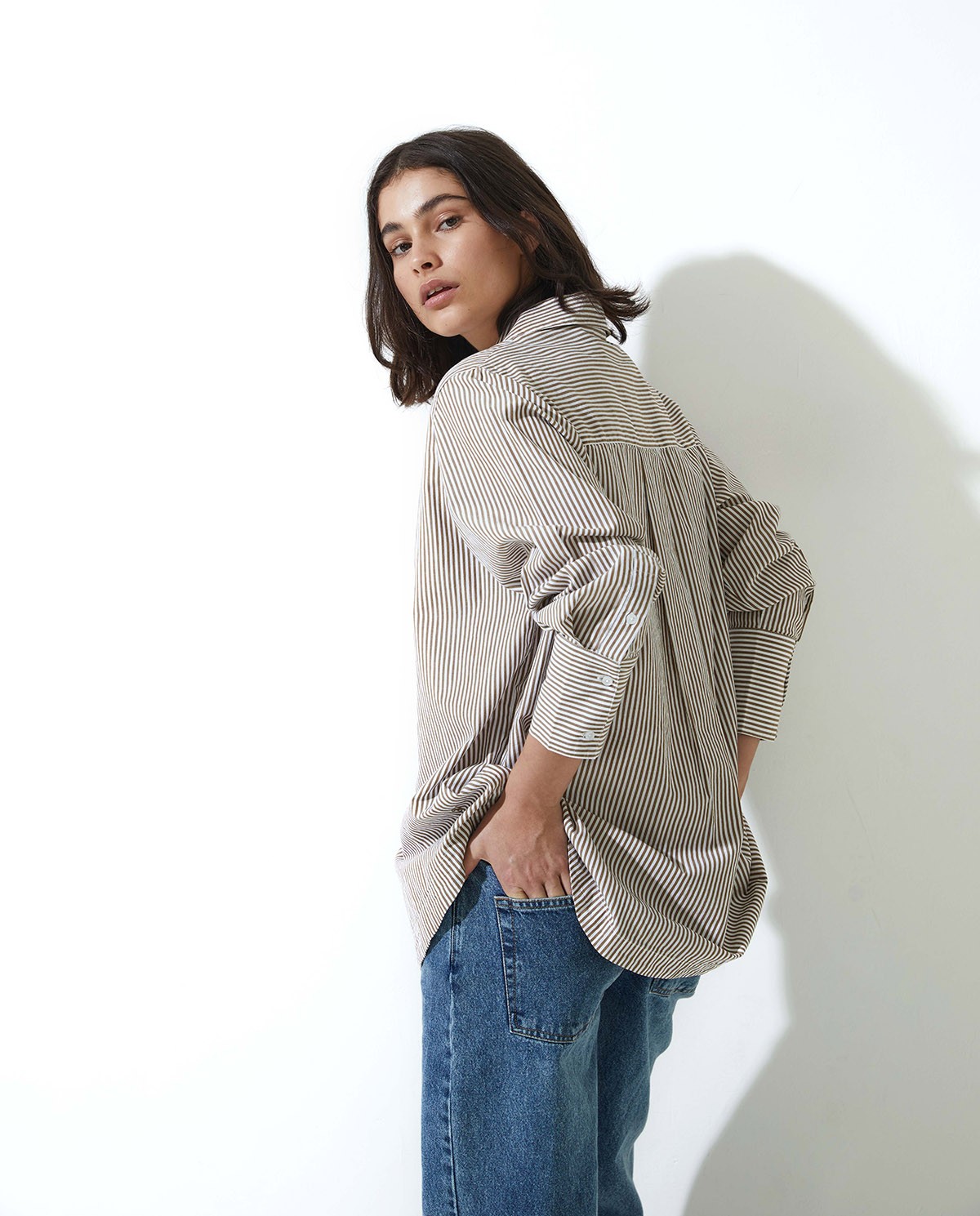 Camel-striped organic cotton poplin shirt - Oversized shirt <strong>100% organic cotton