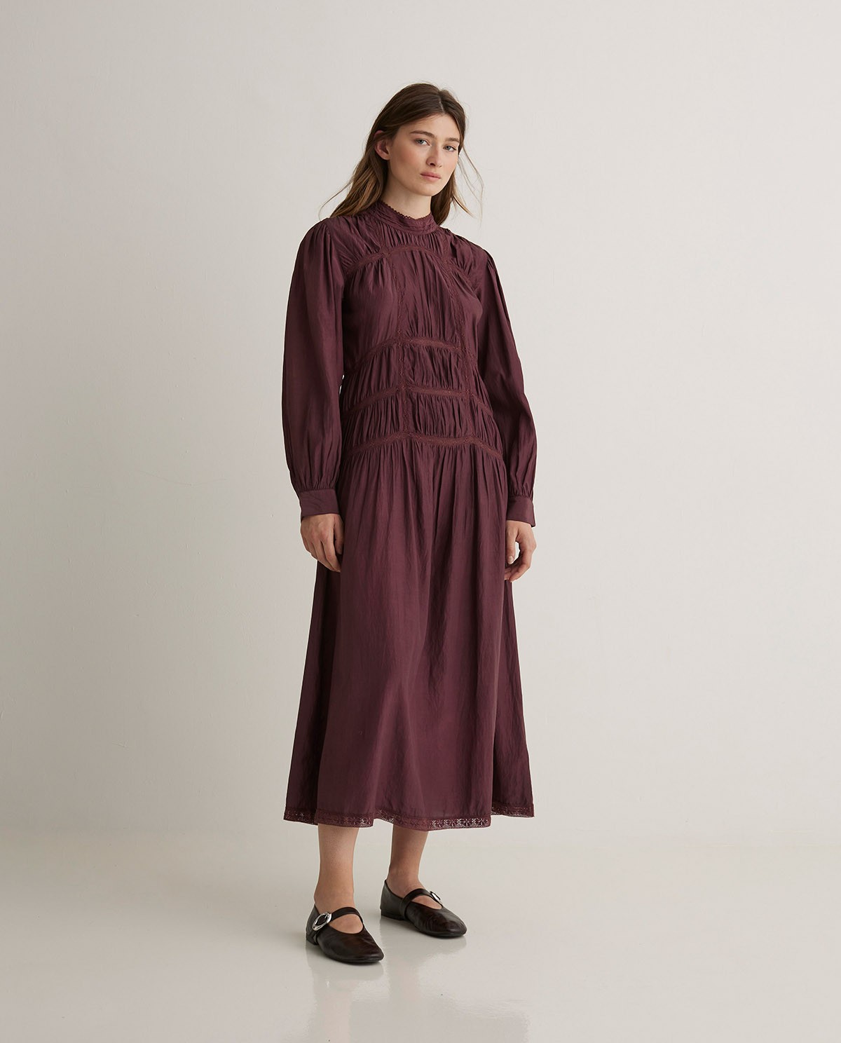 Vestido midi mezcla algodón cuello subido berenjena - Vestido midi 4