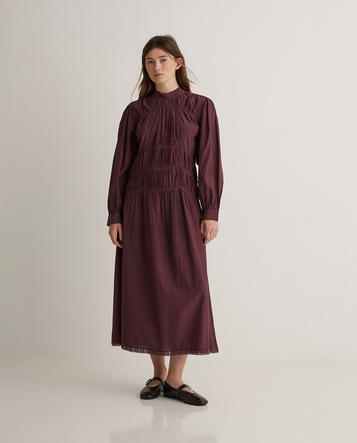 Vestido midi mezcla algodón cuello subido berenjena - Vestido midi 2