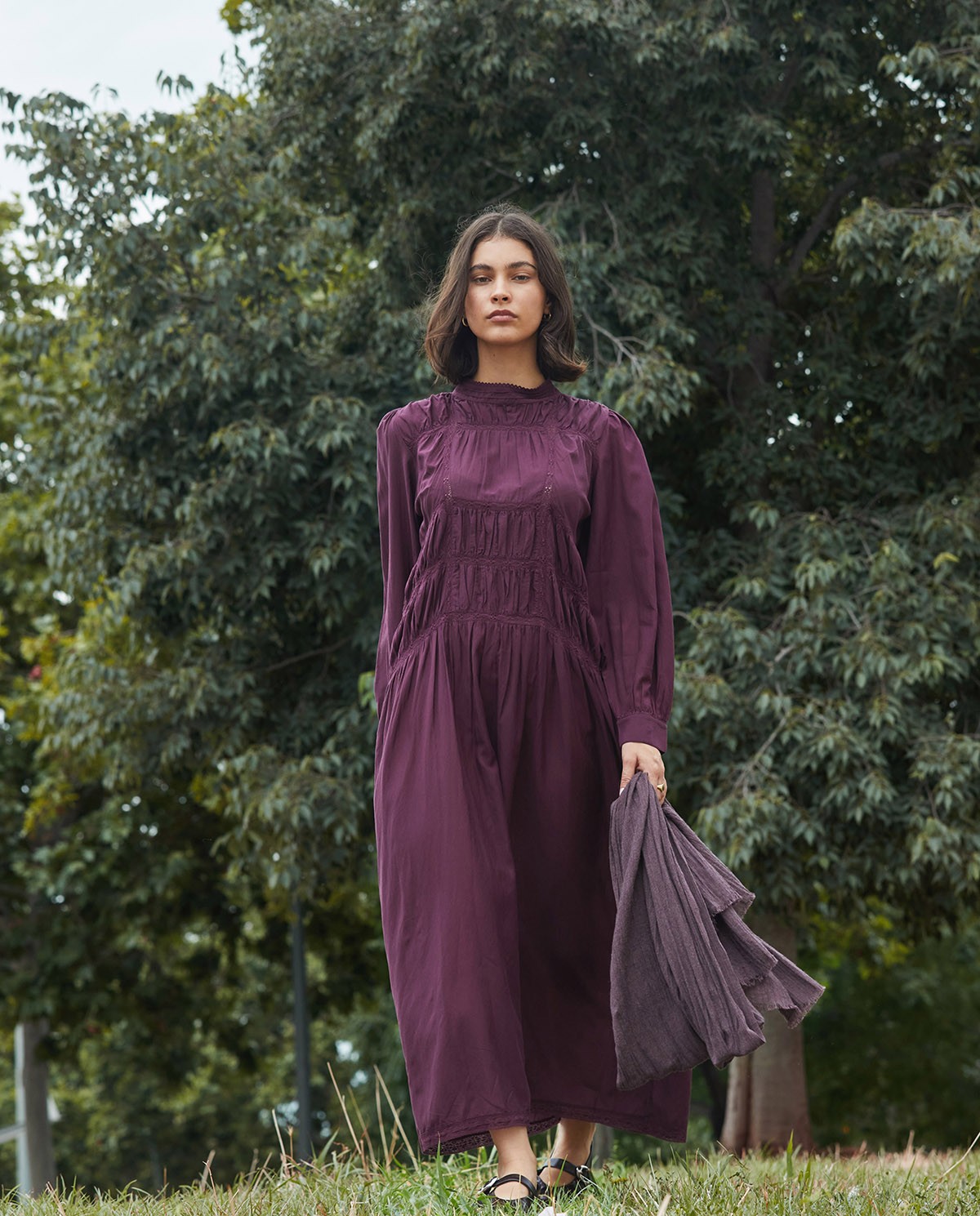 Vestido midi mezcla algodón cuello subido berenjena - Vestido midi 2