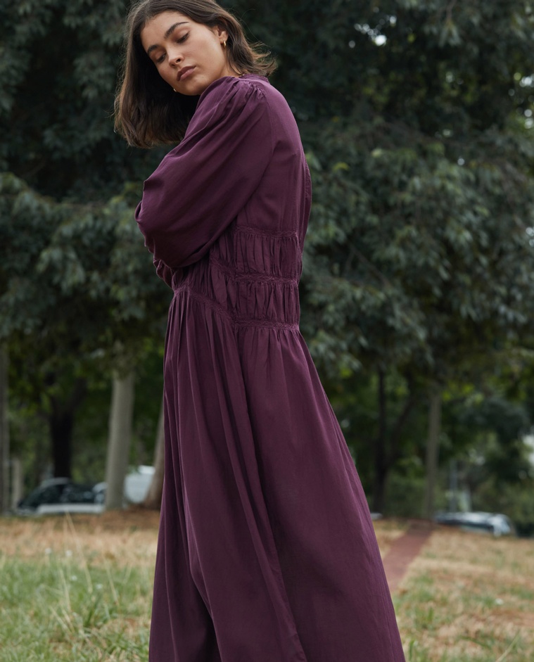Vestido midi mezcla algodón cuello subido berenjena - Vestido midi
