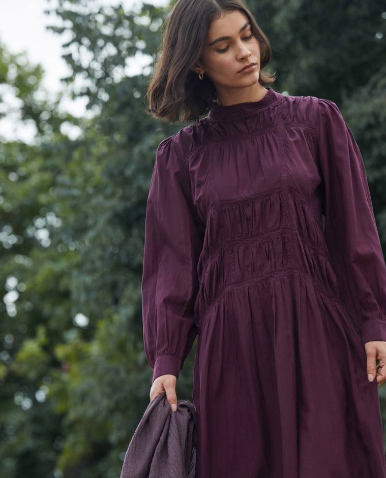 Aubergine high-neck cotton-blend midi dress woman Yerse - Front view