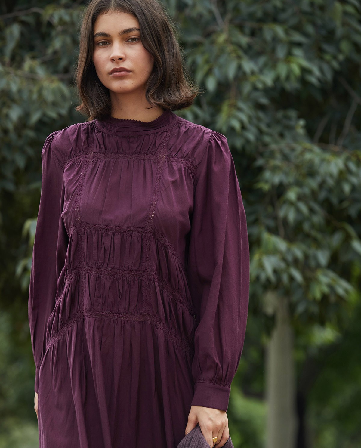 Vestido midi mezcla algodón cuello subido berenjena - Vestido midi 1