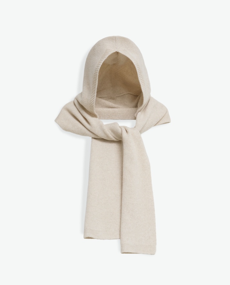 Ecru wool tricot hooded scarf woman Yerse - Front view