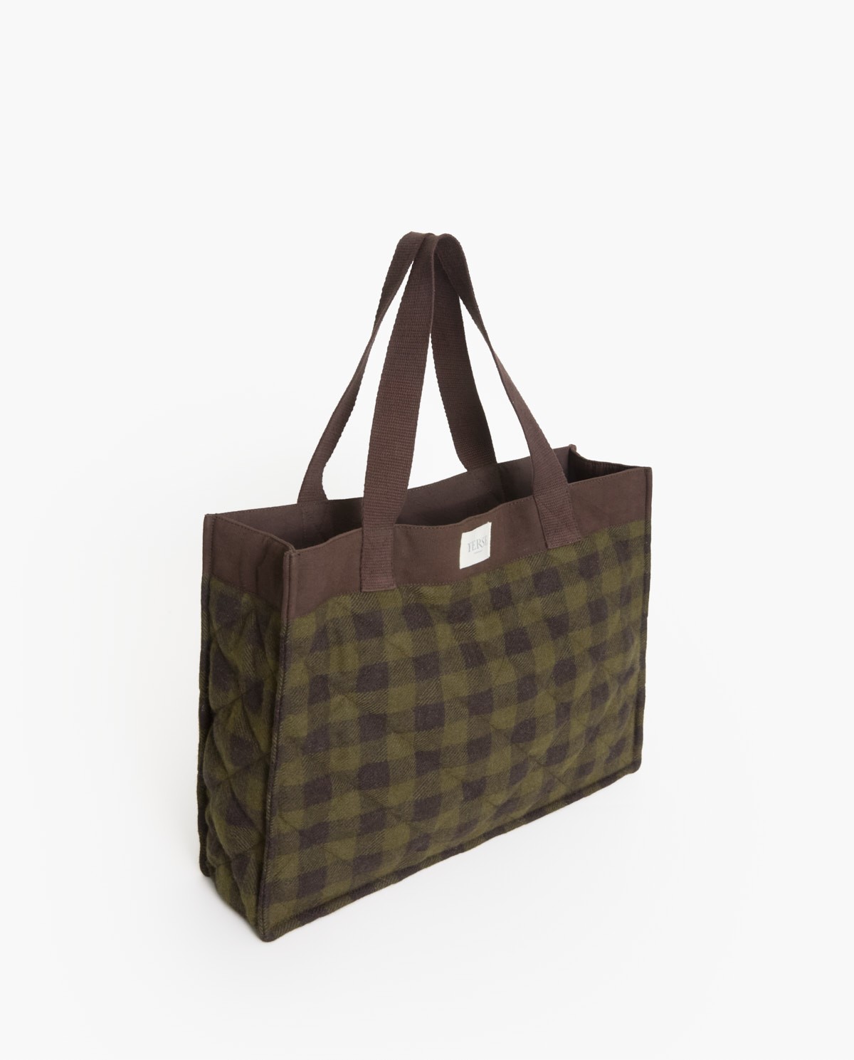 Sac cabas en laine et coton à carreaux kaki - Sac cabas 4