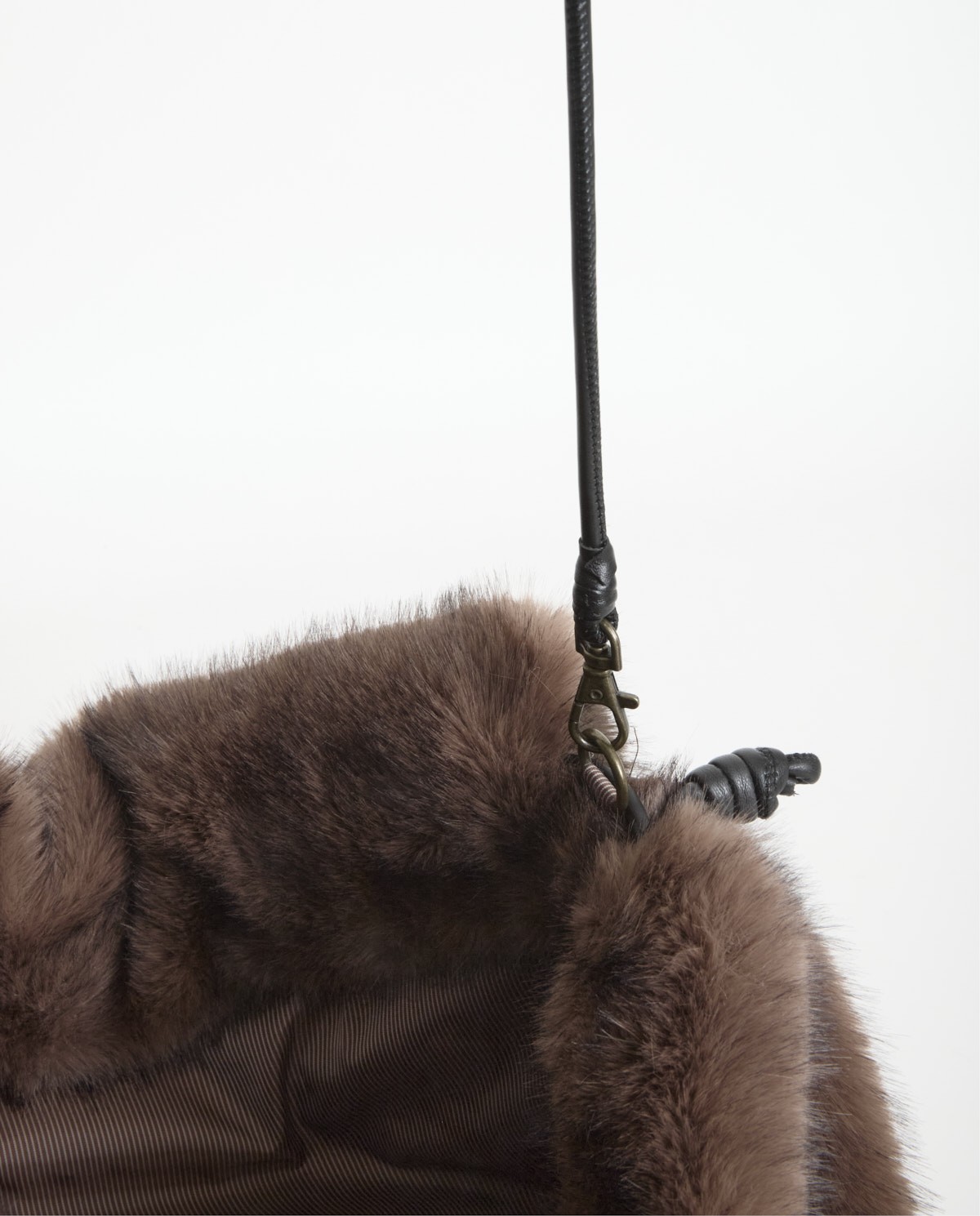 Chocolate fur bag with adjustable leather handle - Fur bag with inner lining 5
