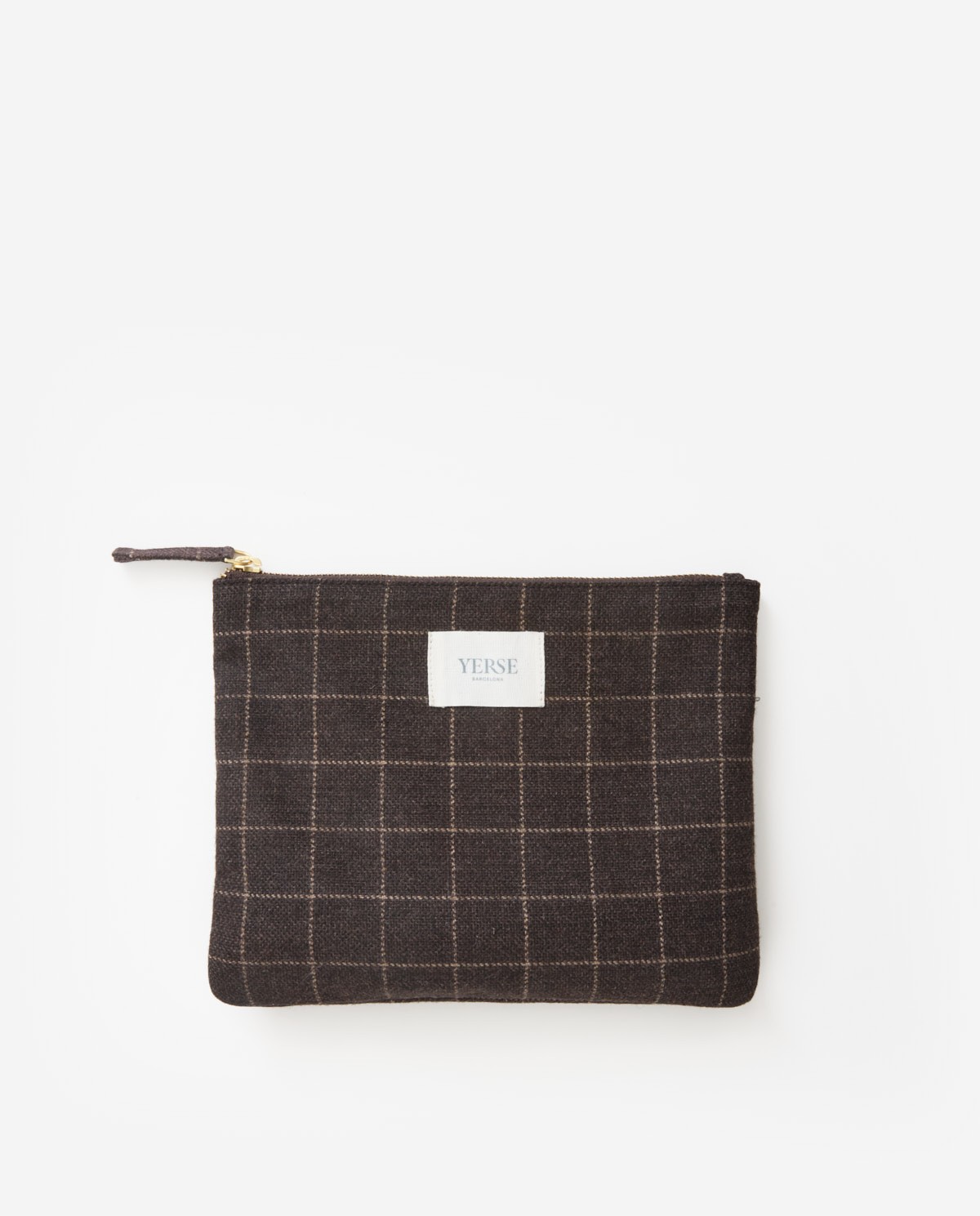 Brown checked wool and leather toiletry bag - Wool and leather toiletry bag