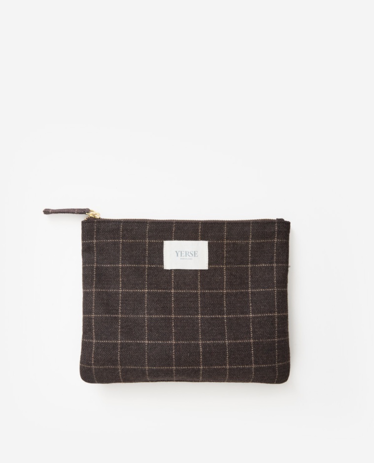Brown checked wool and leather toiletry bag - Wool and leather toiletry bag