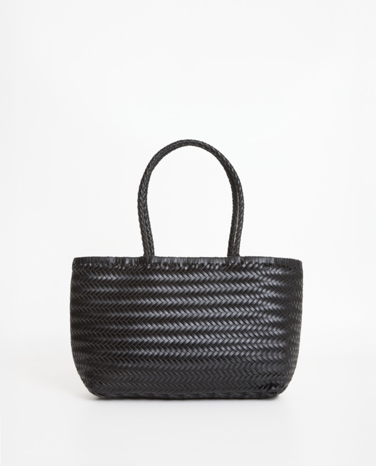 Black leather woven bag with removable inner bag and double handles