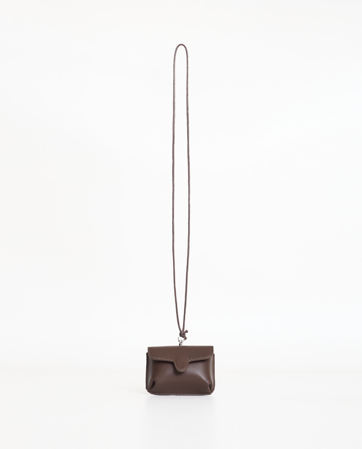 Rigid chocolate mini wallet with removable neck strap and snap-button closure 1