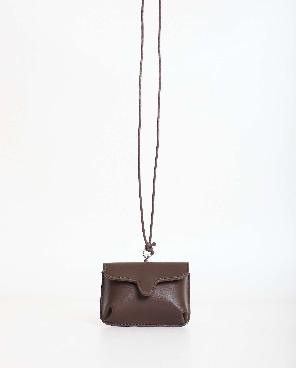 Rigid chocolate mini wallet with removable neck strap and snap-button closure 2