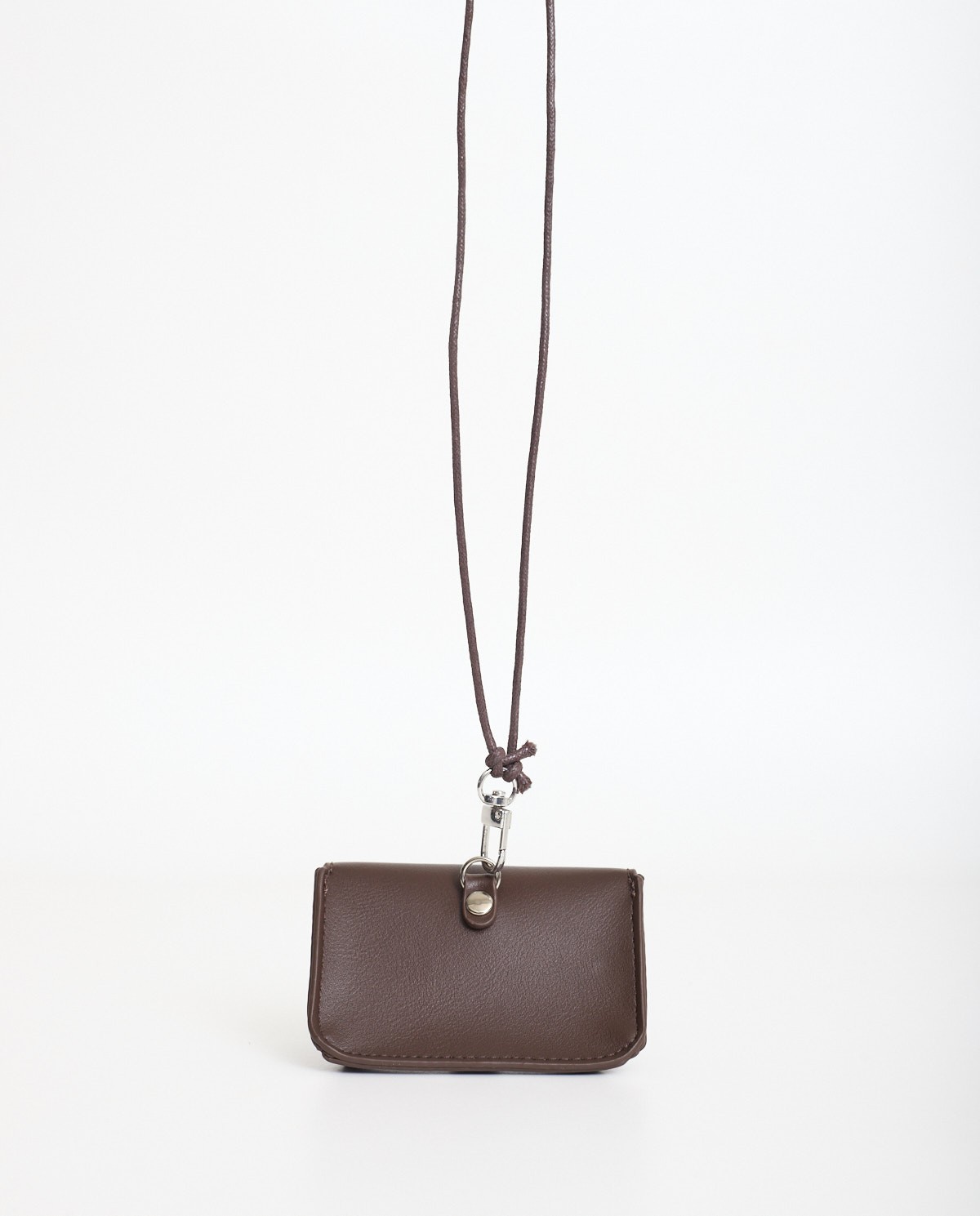 Rigid chocolate mini wallet with removable neck strap and snap-button closure 3