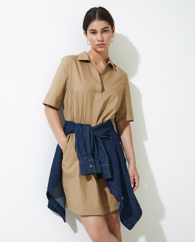 Women’s beige cotton shirt dress – 100% cotton, polo collar, short sleeves and straight cut