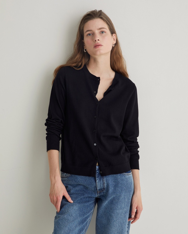 Cárdigan algodón orgánico cuello redondo negro mujer Yerse - Detalle frontal
