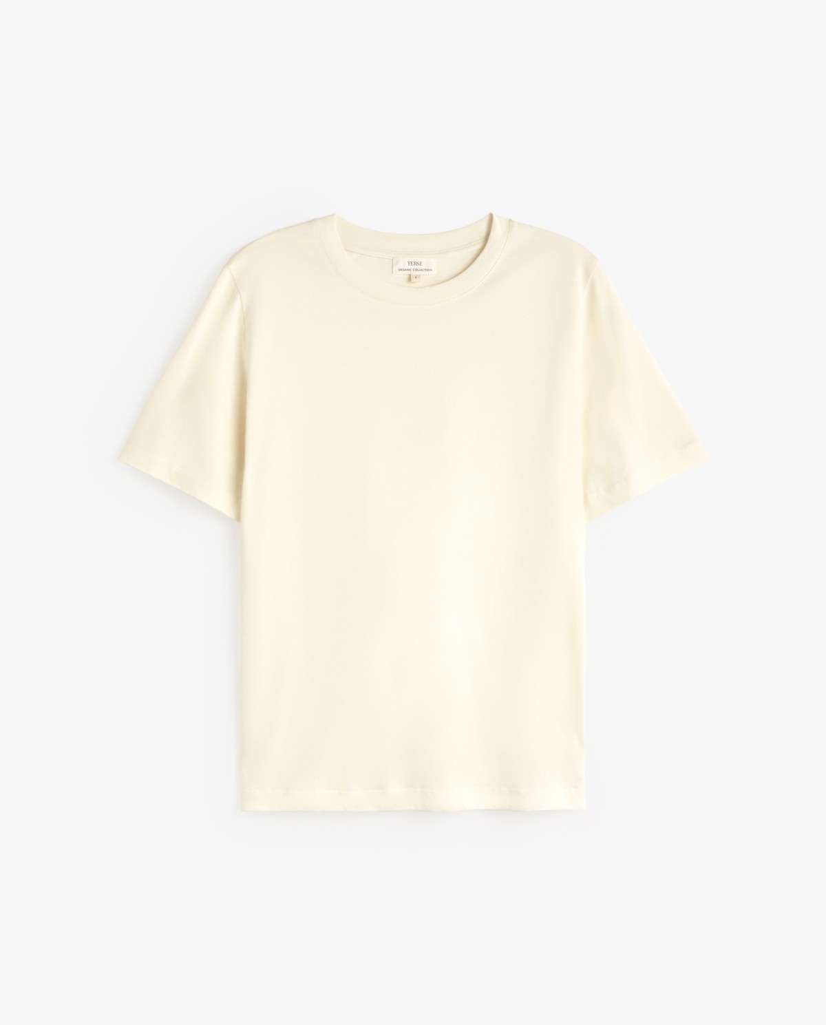 Camiseta algodón orgánico cuello redondo en color crudo, vista frontal con detalle del tejido 6