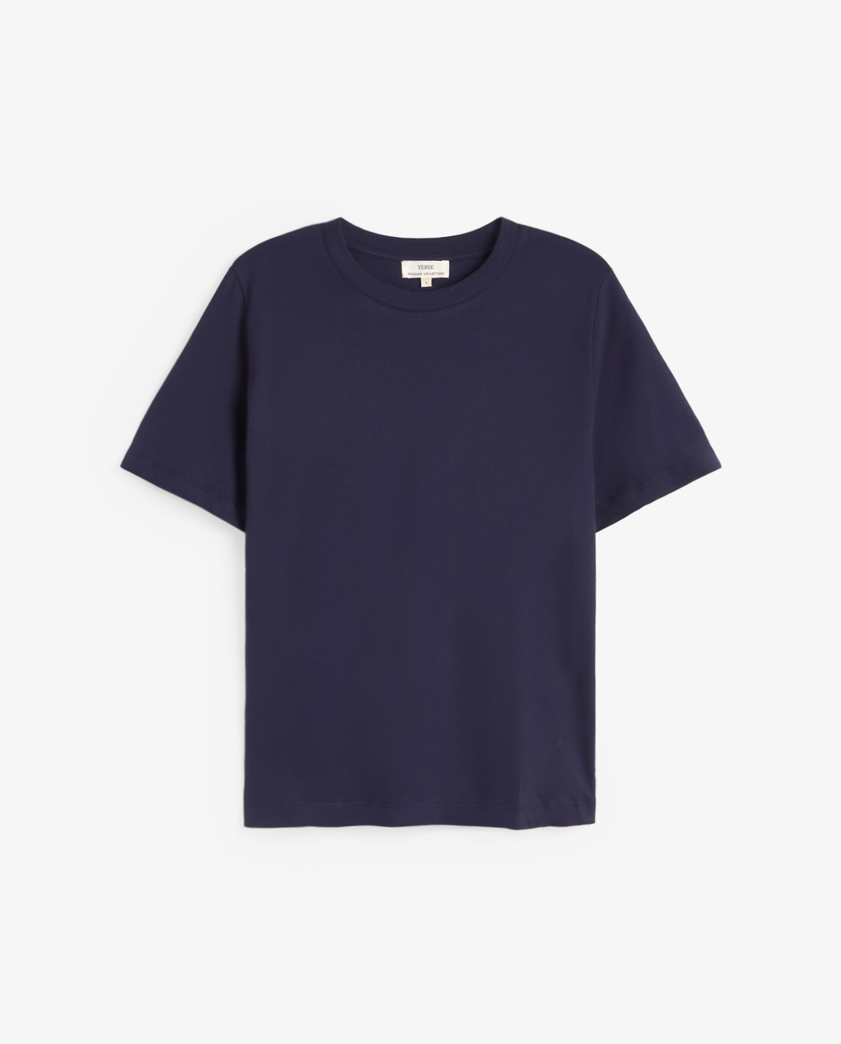 Camiseta algodón orgánico cuello redondo en color azul oscuro, vista frontal con detalle del tejido 6