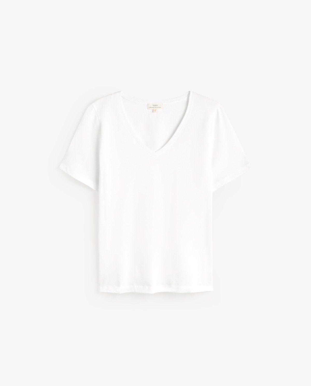 Camiseta algodón orgánico cuello pico en color blanco, vista frontal con detalle del tejido 5