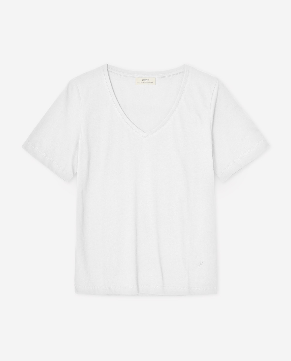 Camiseta algodón orgánico cuello pico en color blanco, vista frontal con detalle del tejido 5