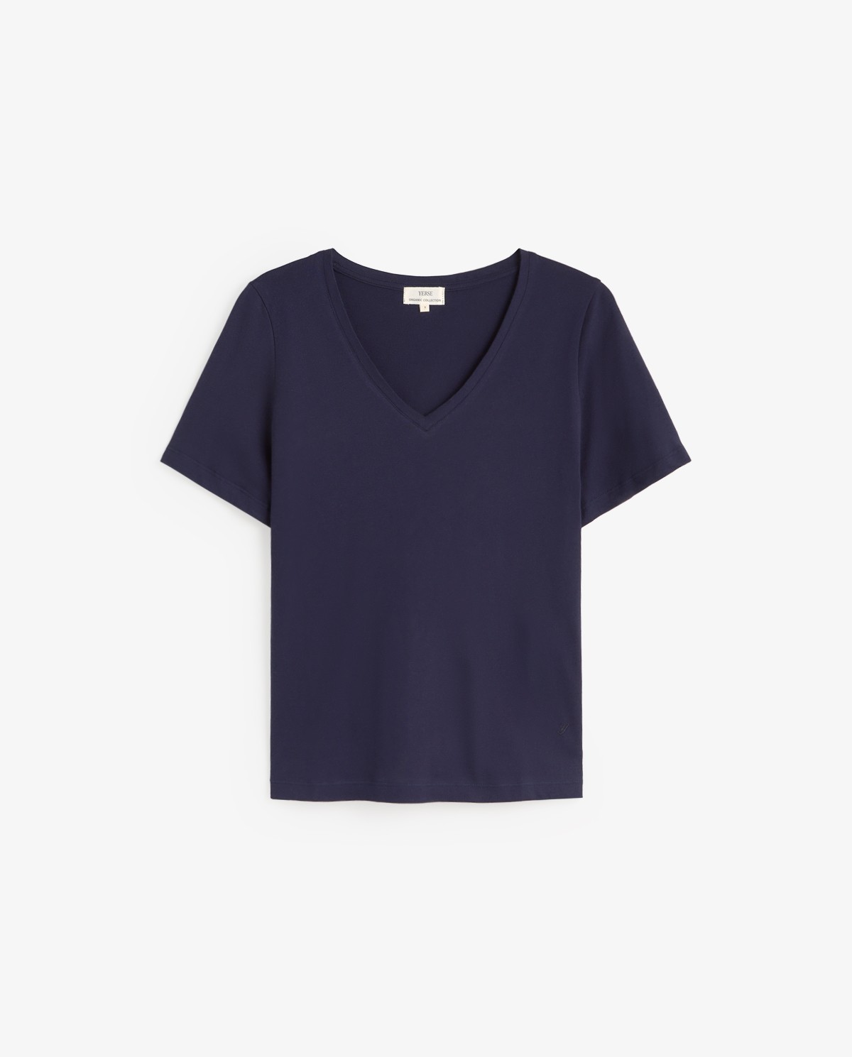 Camiseta algodón orgánico cuello pico en color azul oscuro, vista frontal con detalle del tejido 5