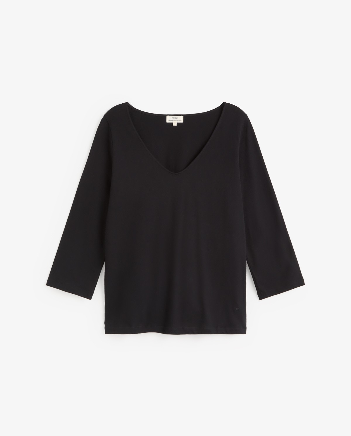 Camiseta algodón orgánico manga francesa en color negro, vista frontal con detalle del tejido 5