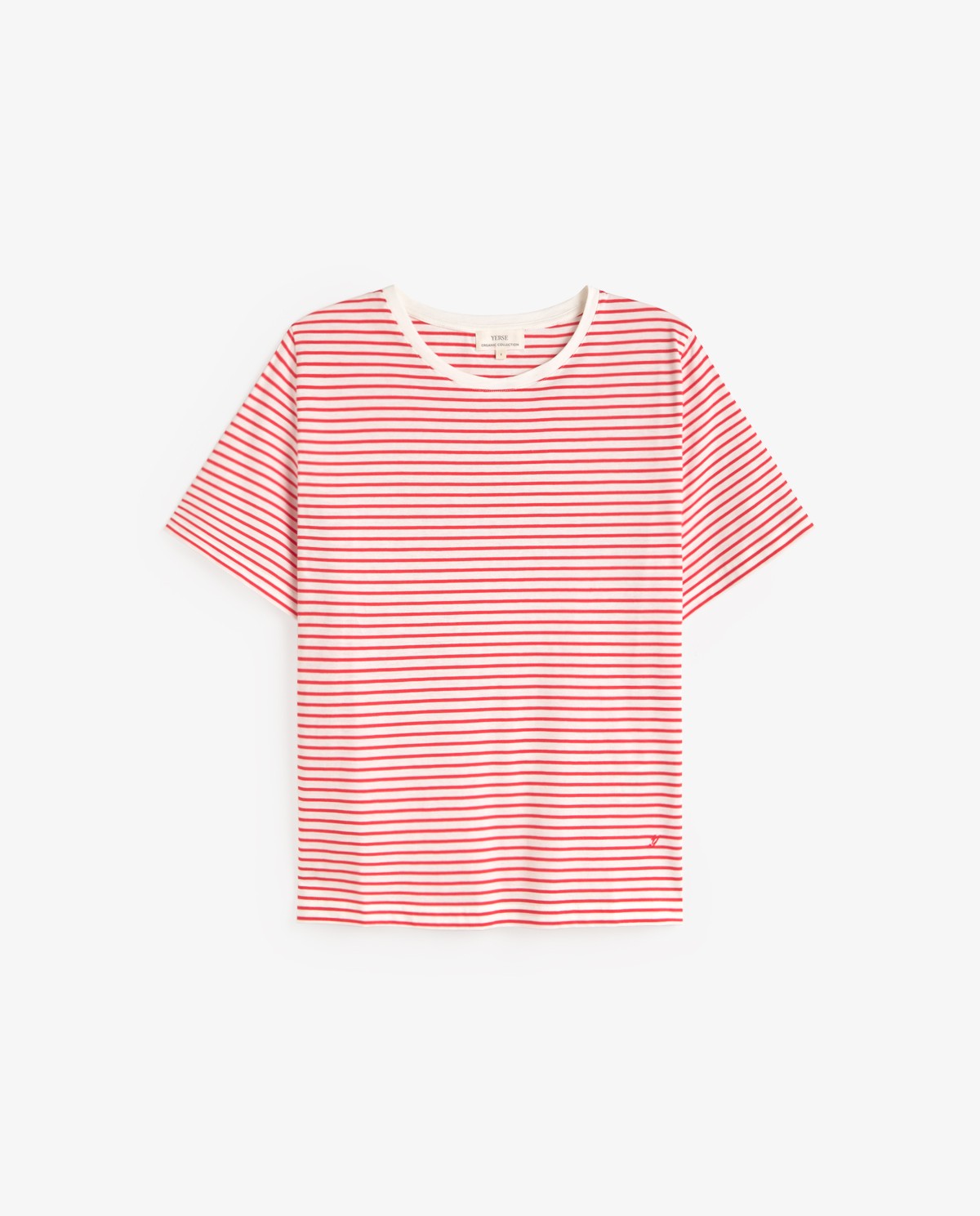 Camiseta rayas algodón orgánico cuello redondo en color rojo, vista frontal con detalle del tejido 5