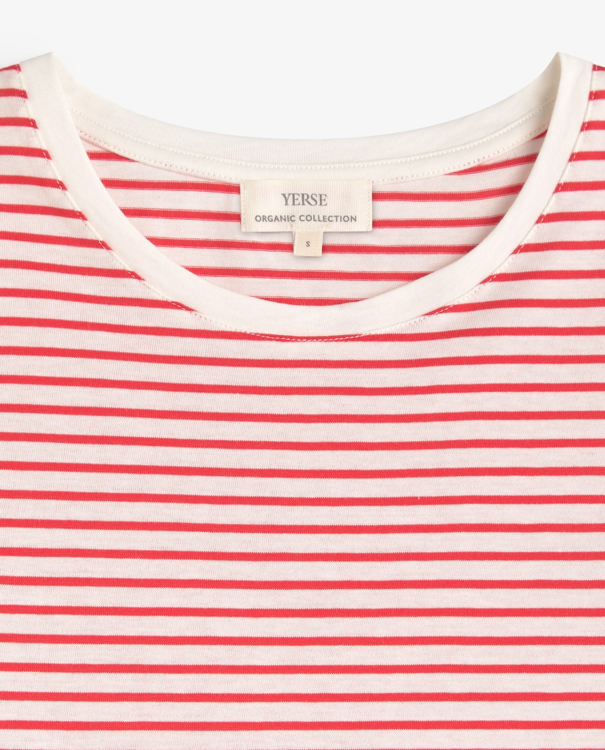 Camiseta rayas algodón orgánico cuello redondo en color rojo, vista frontal con detalle del tejido 6