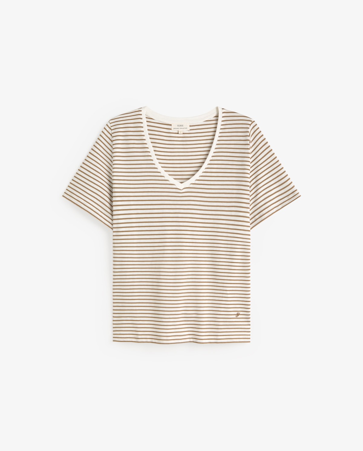 Camiseta rayas algodón orgánico cuello pico en color verde, vista frontal con detalle del tejido 3