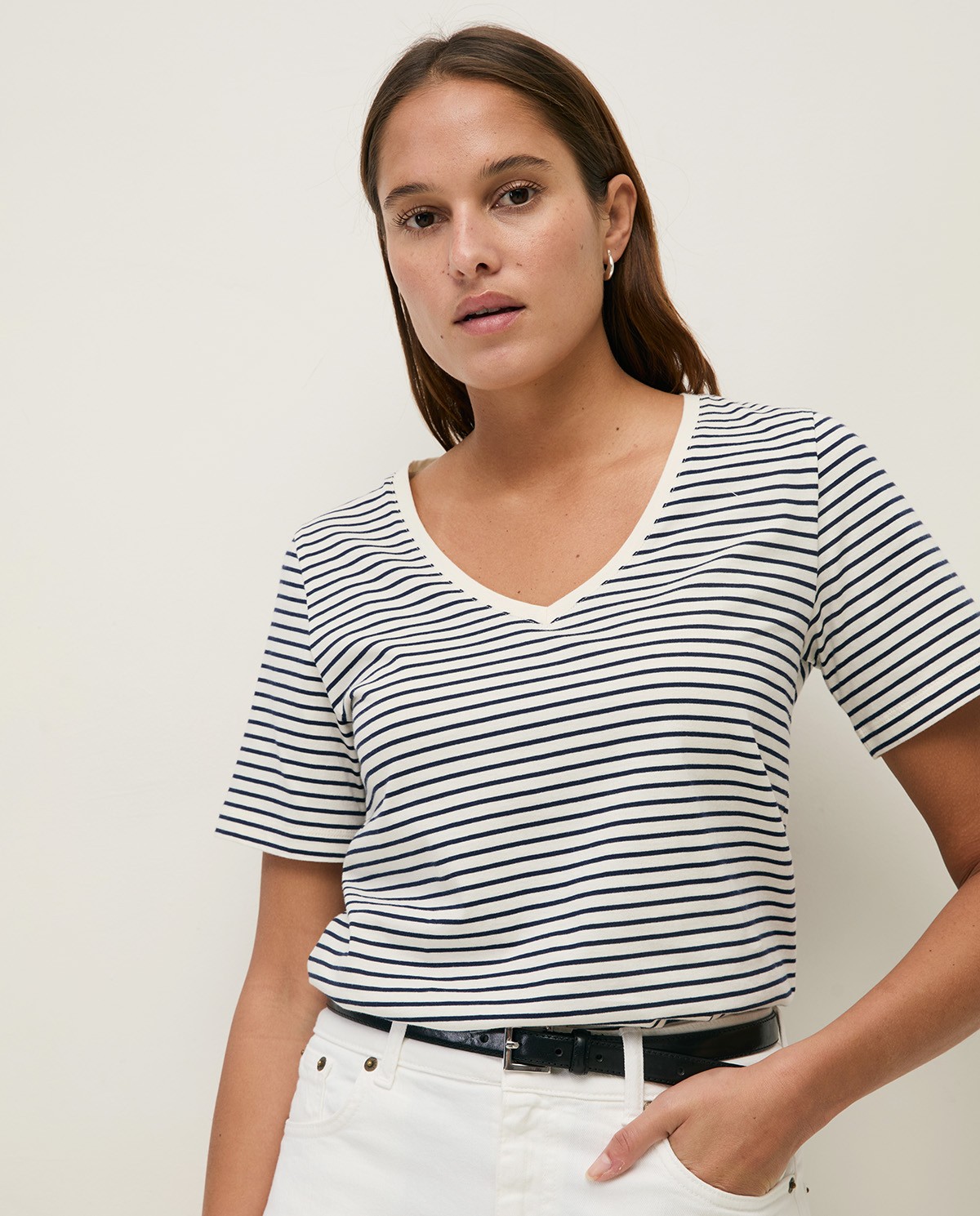 Striped organic-cotton V-neck T-shirt|Yerse