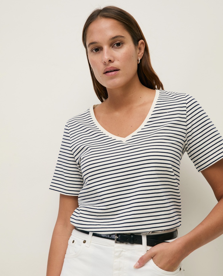 Striped organic-cotton V-neck T-shirt|Yerse