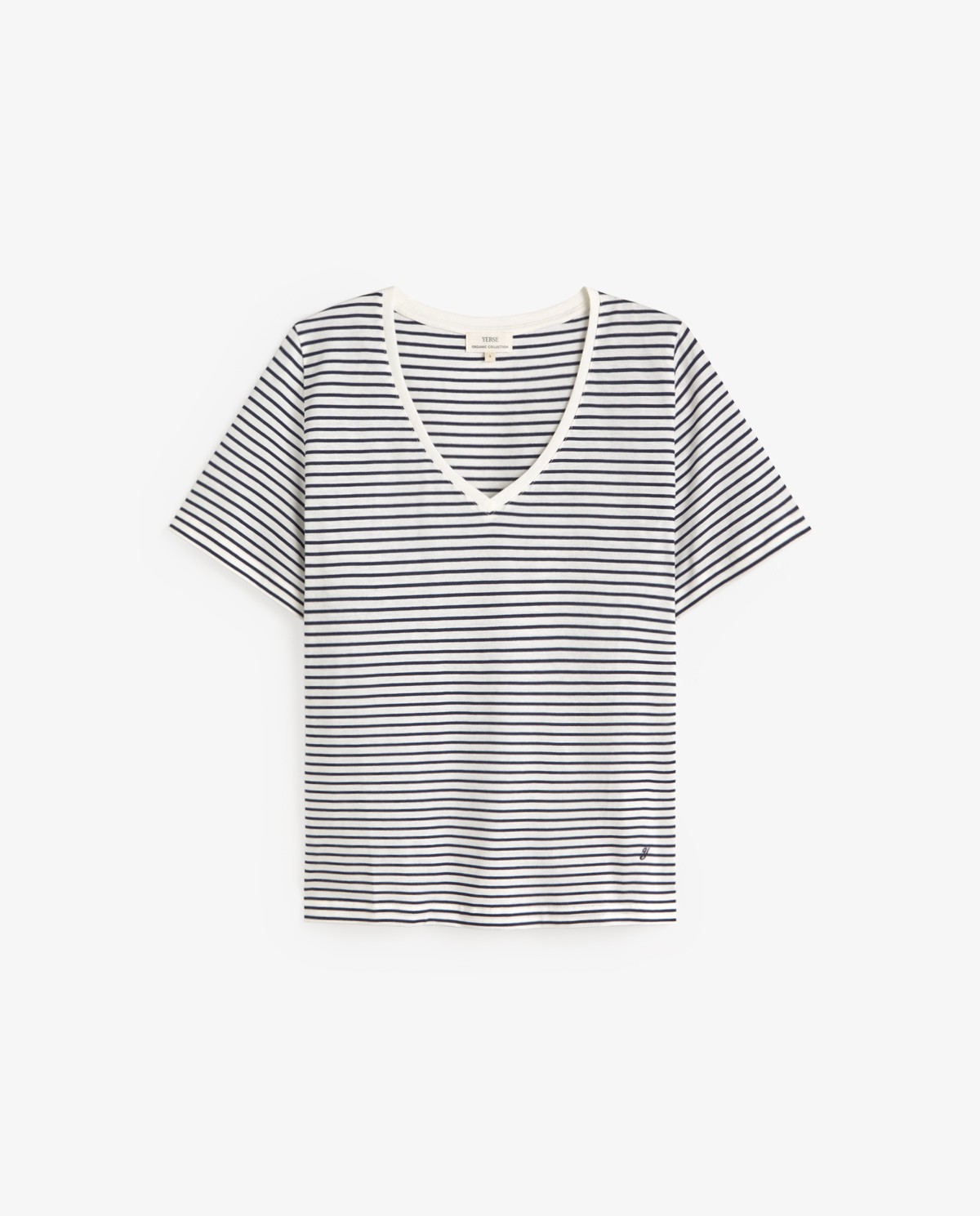 Camiseta algodón orgánico cuello pico rayas en color azul oscuro, vista frontal con detalle del tejido 7