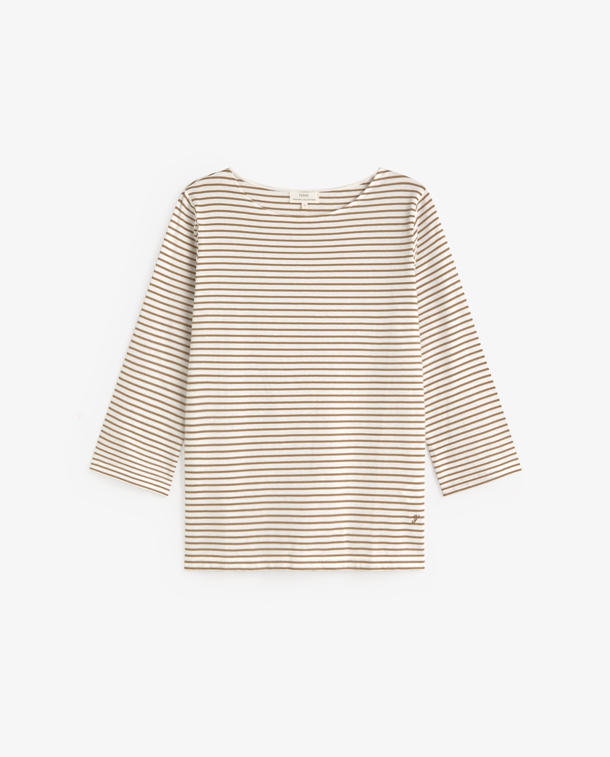 Camiseta algodón orgánico cuello barco rayas en color verde, vista frontal con detalle del tejido 5