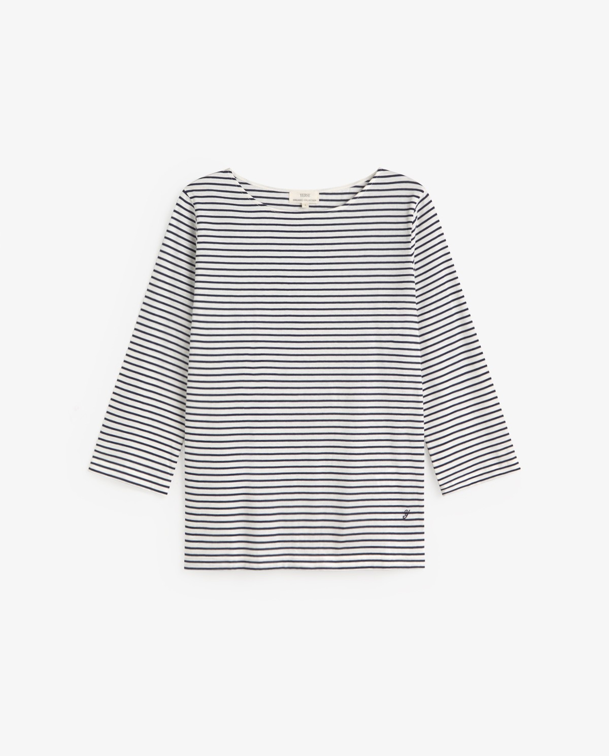 Camiseta rayas algodón cuello barco en color azul oscuro, vista frontal con detalle del tejido 4