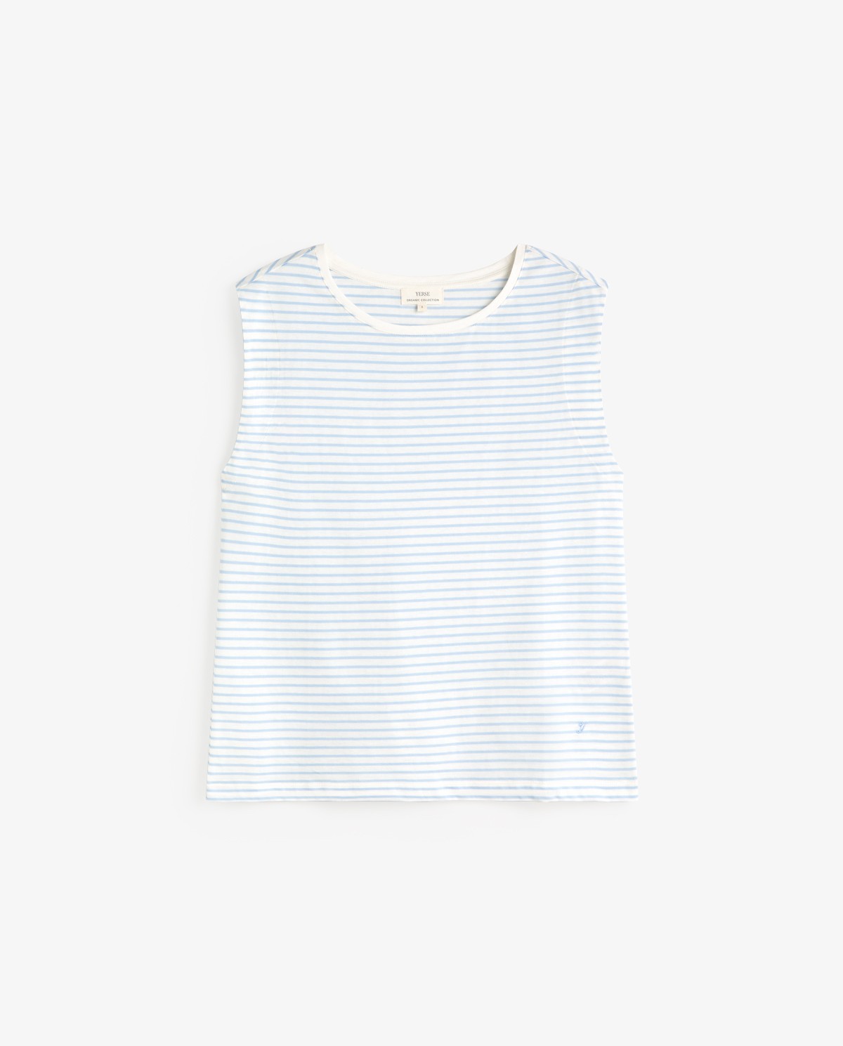 Camiseta sin mangas algodón orgánico rayas en color azul cielo, vista frontal con detalle del tejido 5